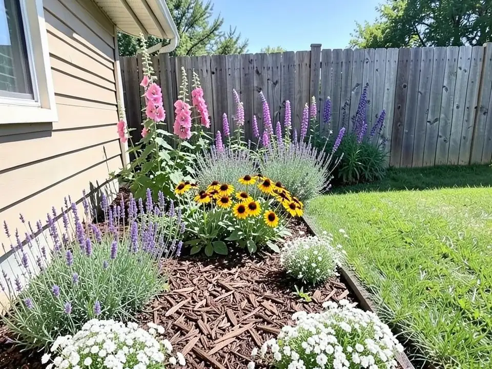 AI-edited version of the same image: the bed cleared and mulched with wood chips and planted with tall pink flowers against the fence, purple flower spikes, lavender, yellow daisy-like flowers and low white flowers along the front