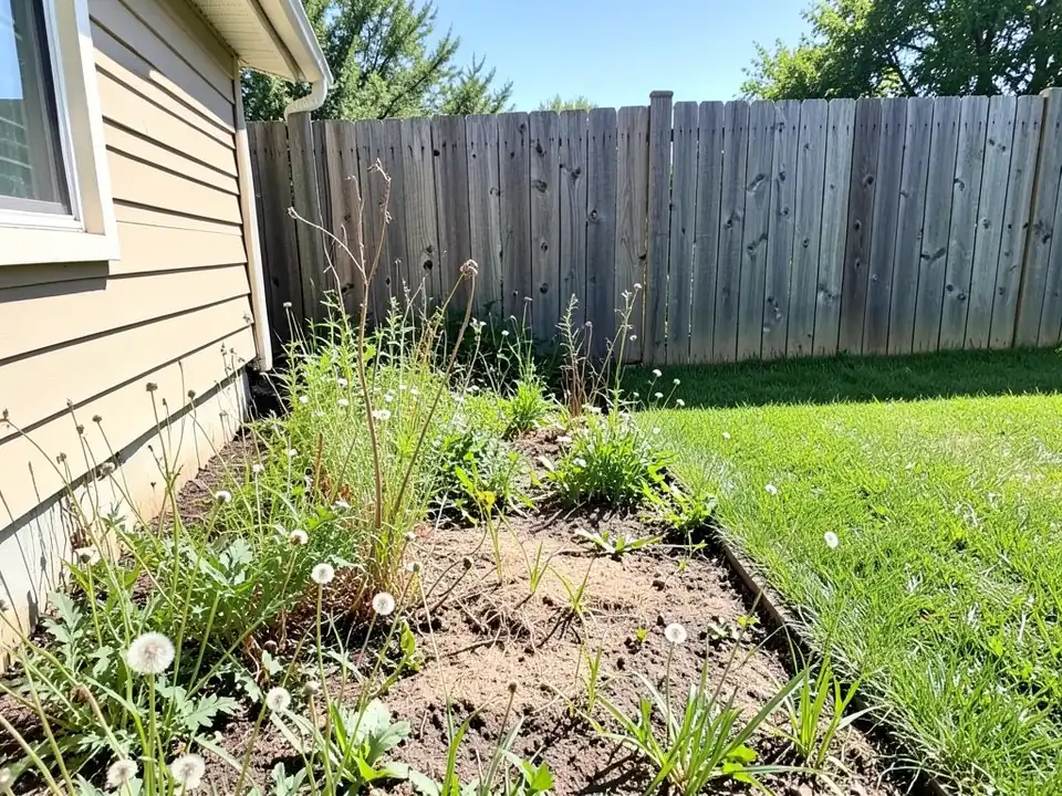 AI-generated example: a narrow bed along a weathered wooden fence beside a beige house, overgrown with weeds and dandelions, with patches of bare dirt next to the lawn