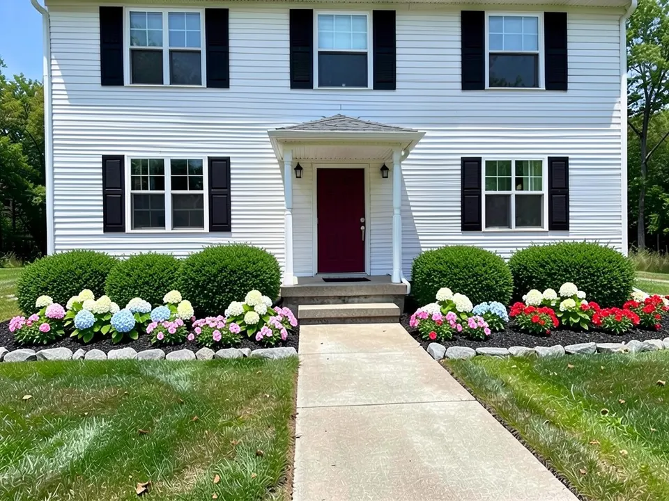 AI-edited version of the same image: the mulch strip planted with rounded green shrubs, white, blue and pink hydrangeas and pink, white and red flowers, with a low gray stone edging along the lawn