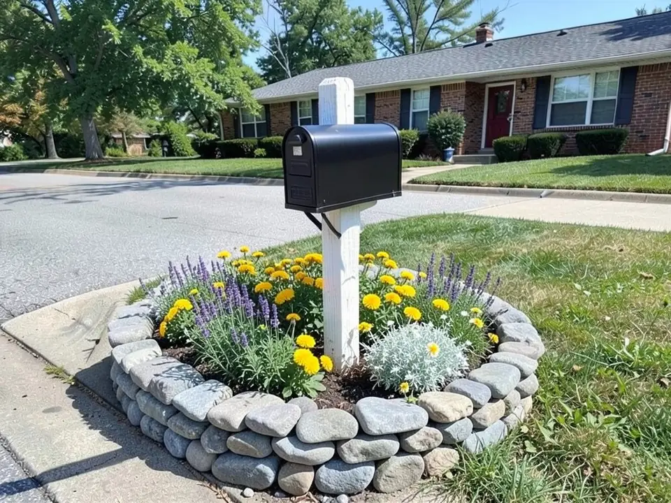 AI-edited version of the same image: a raised circular bed of stacked gray river rocks around the mailbox post, planted with yellow flowers, purple flower spikes and a silver-leaved plant