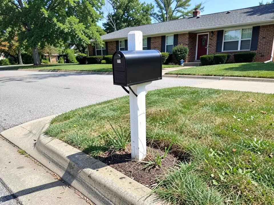 AI-generated example: a black mailbox on a white wooden post in a lawn next to the curb, with bare dirt and weeds around the base of the post and a brick ranch house in the background