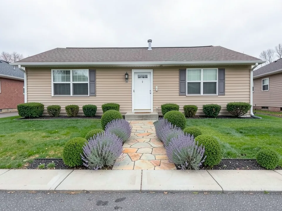 AI-edited version of the same image: the concrete walkway replaced by an irregular flagstone path in tan, gray and rust tones, with mounds of purple lavender and round boxwood shrubs along both sides in black mulch beds