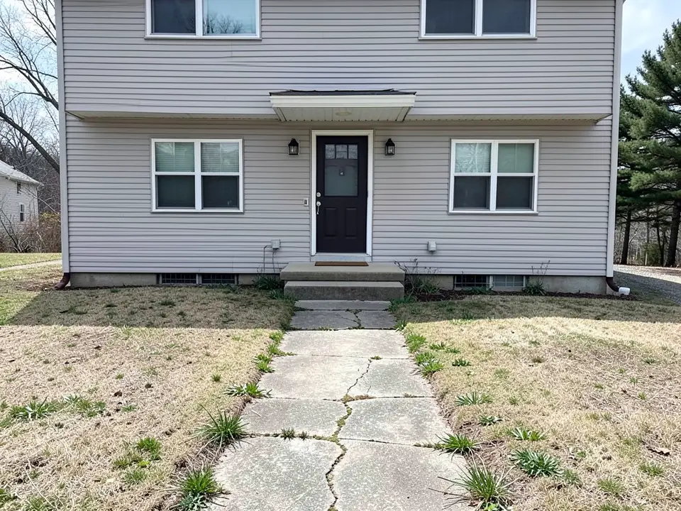 AI-generated example: a two-story light gray vinyl-sided house with a black front door and two concrete steps, a narrow cracked concrete walkway with weeds in the cracks and a patchy, dry lawn on both sides