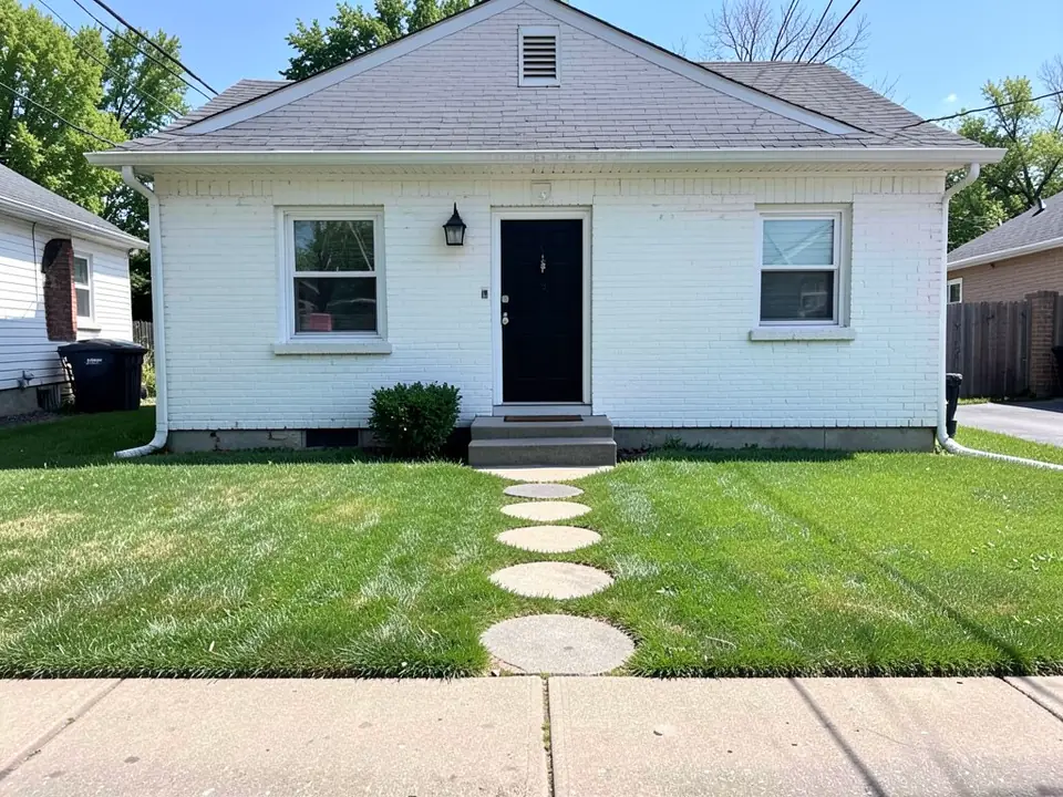 AI-generated example: a small white painted brick house with a black front door, a green lawn and a line of round concrete stepping stones from the street sidewalk to the front steps