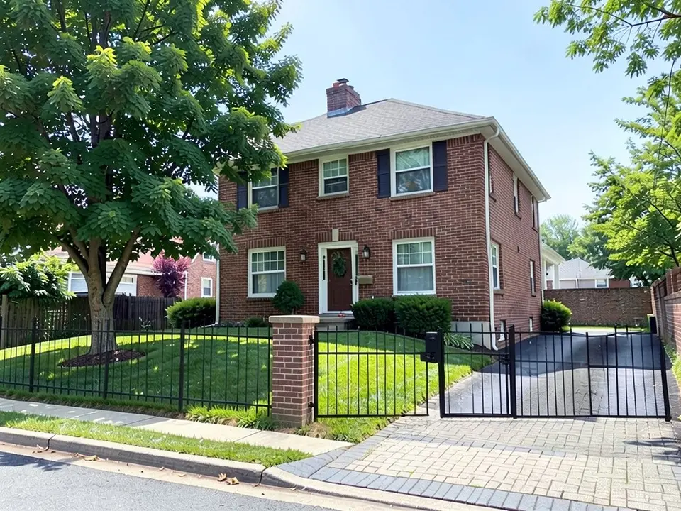 AI-edited version of the same image: a black metal fence with thin vertical bars and one square brick pillar runs along the front of the lawn beside the sidewalk, with a gate section and a second gate across the driveway