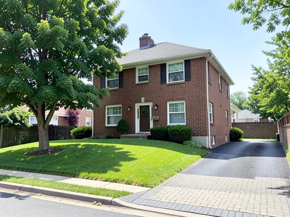 AI-generated example: a red-brick two-storey house with dark shutters seen from the street, a green lawn sloping down to the sidewalk, a large tree on the left and a paved driveway on the right, with no fence along the street