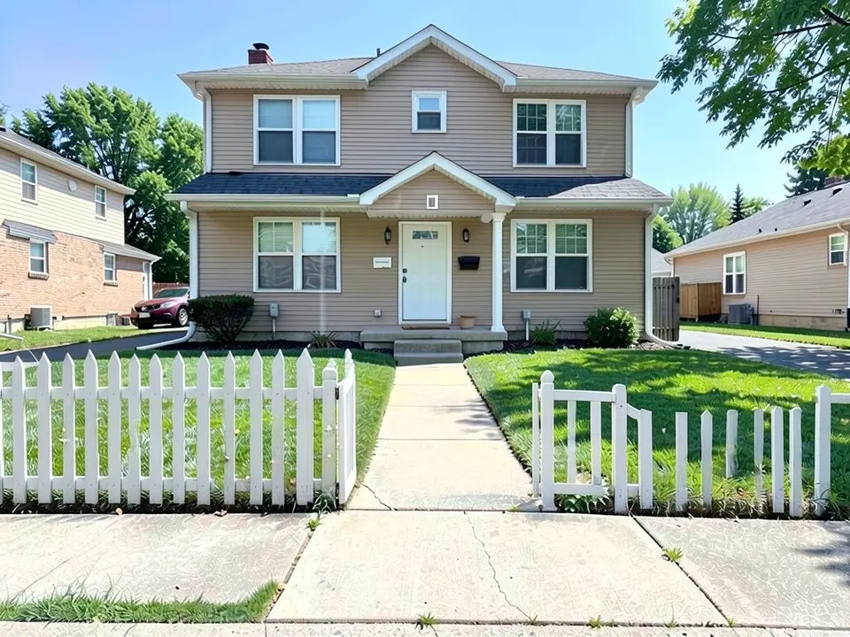 AI-edited version of the same image: a white wooden picket fence stands along the lawn beside the sidewalk, with a section on each side of the concrete path