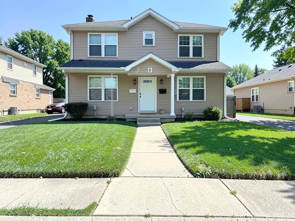 AI-generated example: a suburban front yard seen from the sidewalk, with a plain green lawn, a concrete path leading to the white front door of a beige two-storey house, and no fence