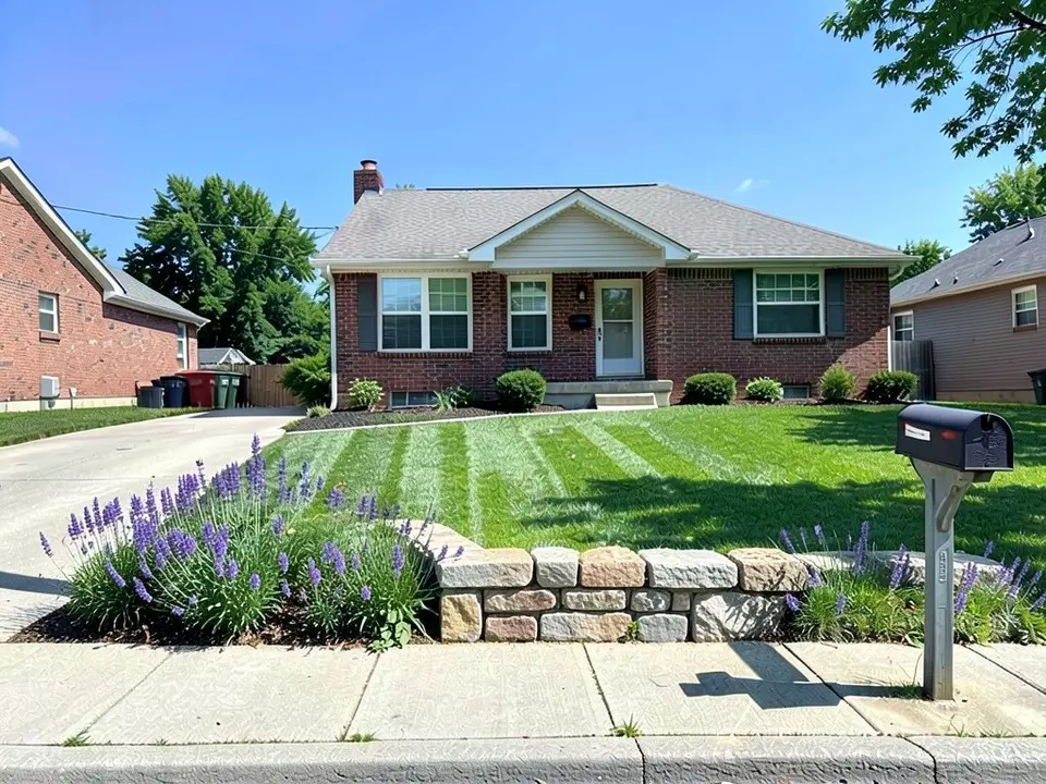 AI-edited version of the same image: a low wall of rough stone blocks along the lawn edge by the sidewalk, with a clump of purple flowers at its left end and a smaller group at its right end behind the mailbox, and the house and lawn as before