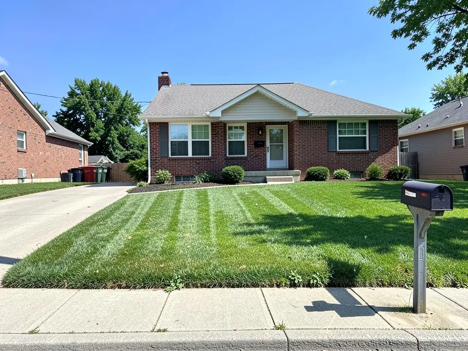 AI-generated example: a red brick ranch house with green shutters, a concrete driveway on the left, a mailbox on a post in front, a striped mown lawn running down to the sidewalk, big trees and neighbors' houses, under a blue sky