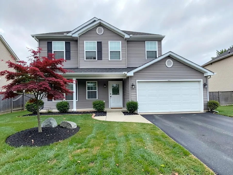 AI-edited version of the same image: a red-leaved Japanese maple with a tall trunk standing at the left of the lawn on a large oval of black mulch, with two grey boulders beside it, its crown reaching up to the middle of the second-floor window on the left and covering most of the left porch window