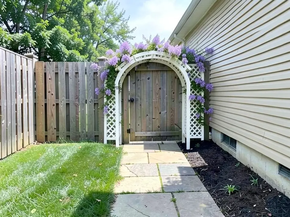 AI-edited version of the same image: a white arched arbor with lattice sides stands over the gate, with purple hanging flowers climbing over its top