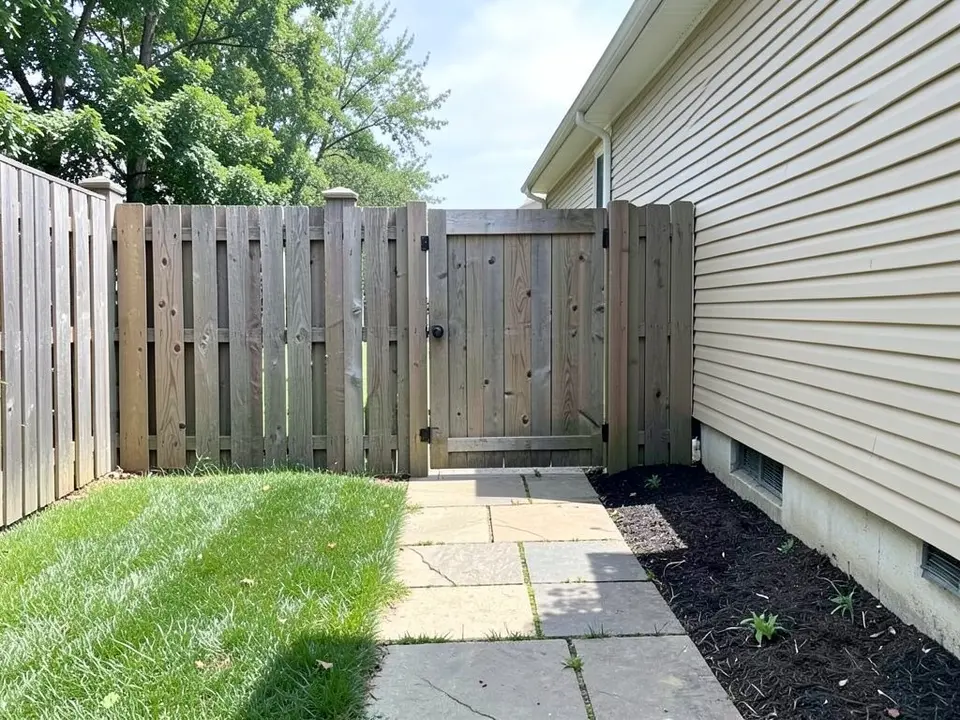 AI-generated example: a plain wooden gate in a tall wooden fence at the end of a short stone path, with a green lawn on the left and the beige side of a house on the right