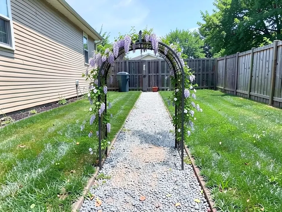 AI-edited version of the same image: a black metal arch stands over the gravel path, with purple hanging flowers and some white flowers growing over it