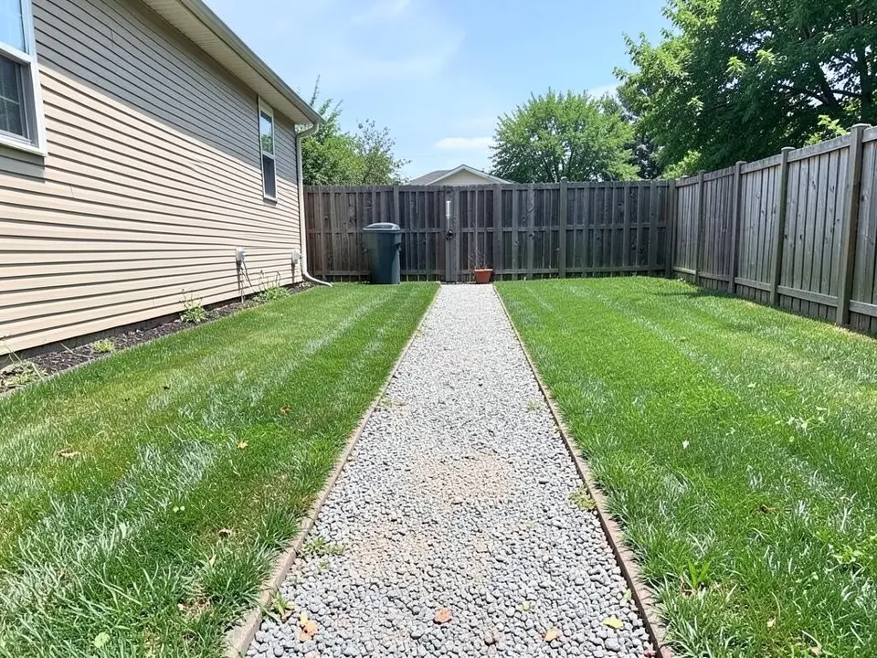 AI-generated example: a straight gravel path through a green lawn leading to a wooden fence at the back, beside the beige side of a house, with nothing along the path