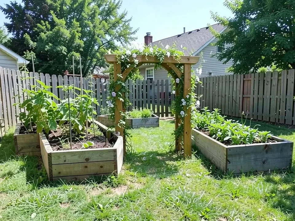 AI-edited version of the same image: a wooden arbor with two thick posts and a top beam stands in front of the fence, with green vines and small white flowers climbing up it