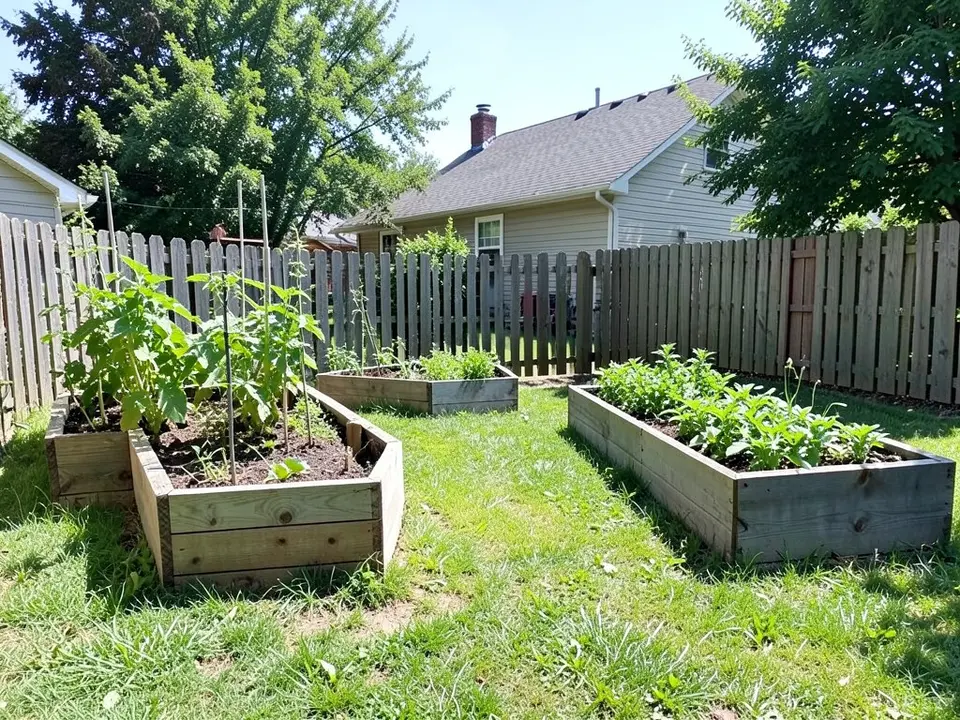 AI-generated example: four wooden raised vegetable beds with green plants on a lawn in front of a low wooden picket fence, with a house and trees in the background