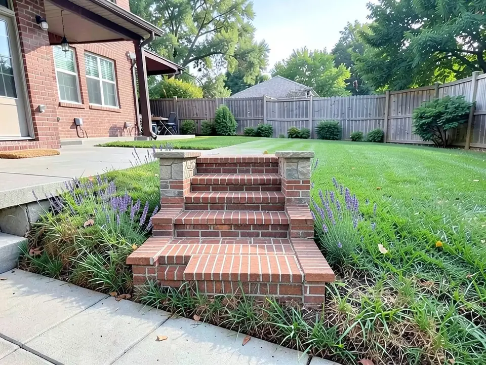AI-edited version of the same image: red brick steps with brick side walls rising from the lower patio to the upper lawn, two stone-clad piers with stone caps at the top, and lavender planted on both sides