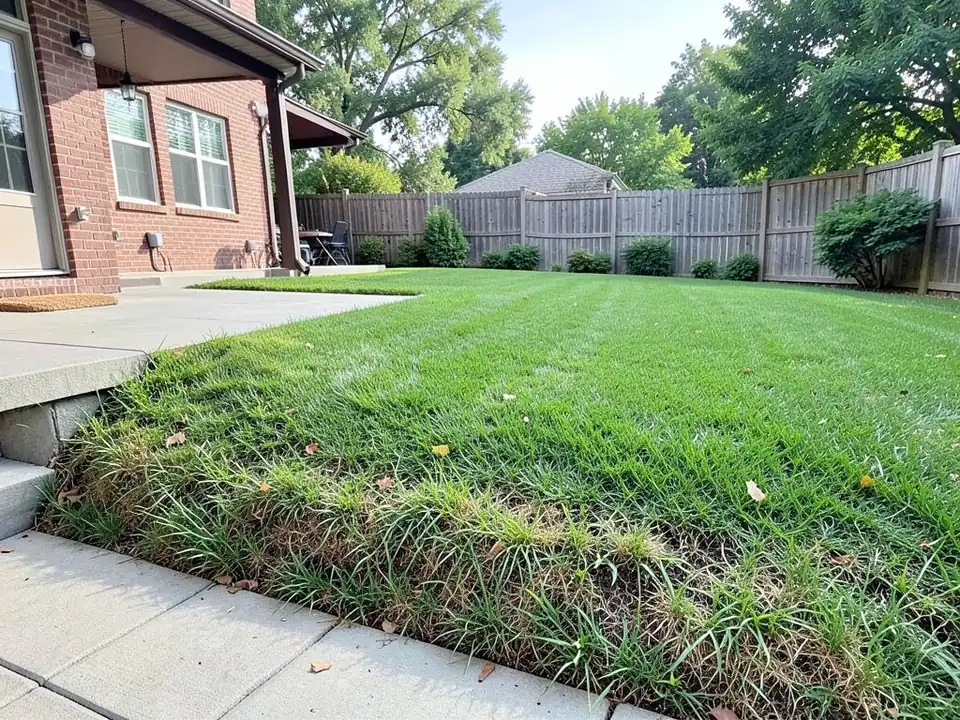 AI-generated example: a short grassy bank with brown patches between a lower concrete patio and an upper lawn, a brick house with a covered patio on the left, a wooden fence and shrubs
