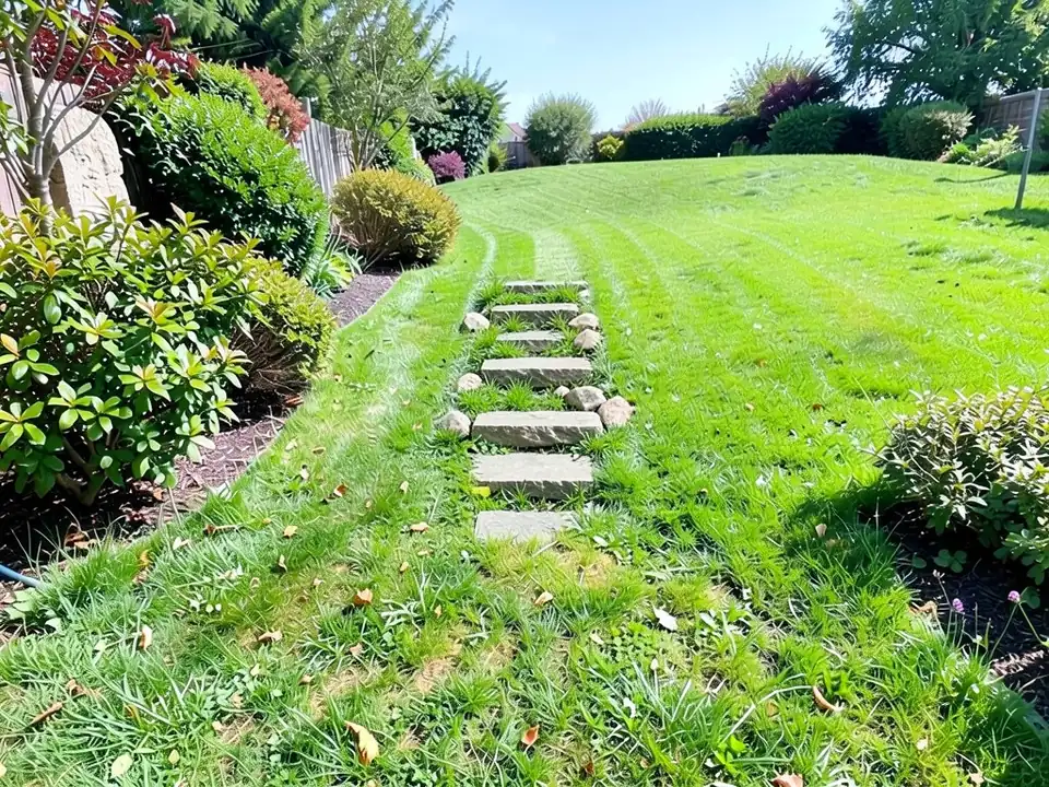 AI-edited version of the same image: a line of grey stone slabs set flat into the grass up the middle of the slope, with small boulders on both sides and the lawn a brighter green