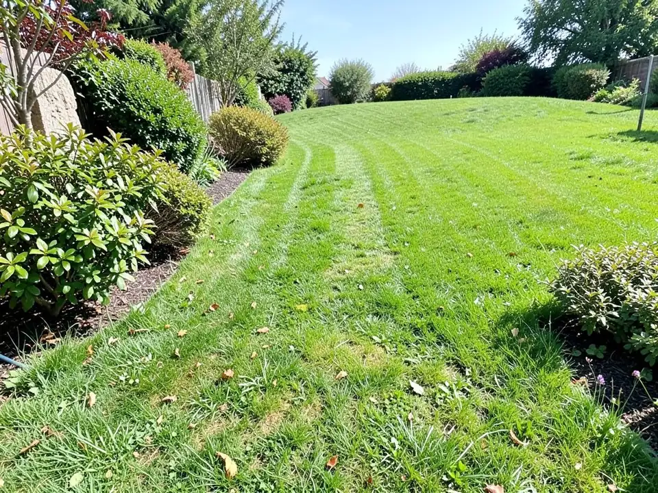 AI-generated example: a sunny striped lawn sloping up to an upper lawn, shrubs on the left, a shrub on the right, a fence and hedges at the back and a few fallen leaves