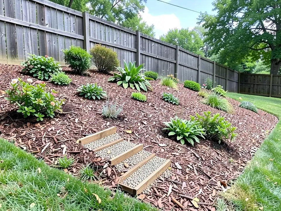 AI-edited version of the same image: a short straight run of gravel-filled timber steps set at an angle in the lower left of the bank, two small grass tufts at its foot, and the rest of the bank with its plants and the fence beyond