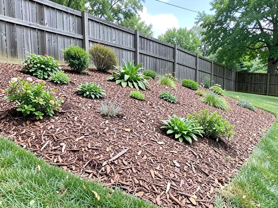 AI-generated example: a mulched bank with scattered plants rising from a lawn to a wooden fence, with trees beyond the fence