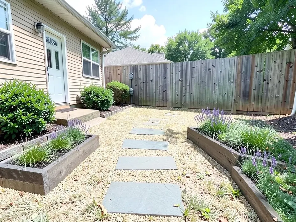 AI-edited version of the same image: the lawn replaced by light tan gravel with a path of four large flat grey stepping stones across the middle and timber-framed raised beds with lavender and ornamental grasses on both sides, and the house, shrubs and fence as before