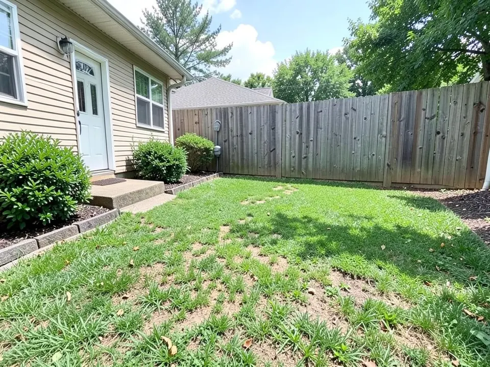 AI-generated example: a worn, patchy green lawn with bare soil in a small backyard, with a beige house with a white back door and a concrete step on the left, green shrubs in mulched beds with a stone edge, and a tall grey wooden fence along the back, in daylight