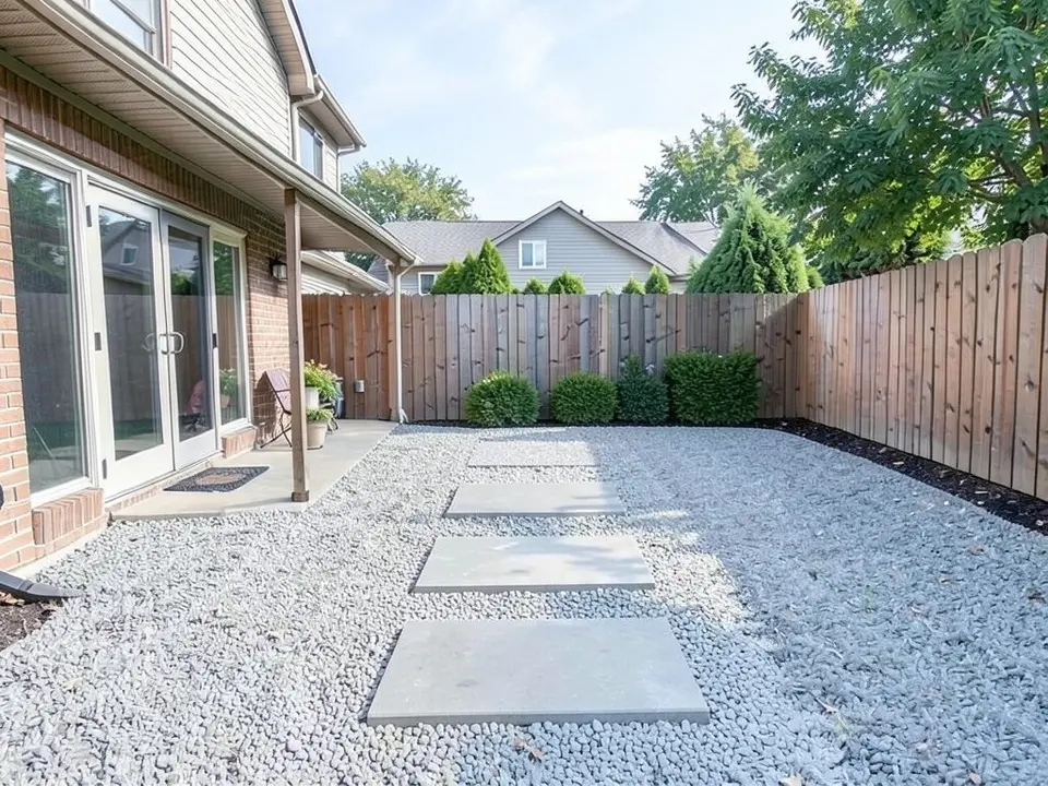 AI-edited version of the same image: the lawn replaced by light grey crushed stone gravel with four large flat grey pavers in a row, a row of four rounded green shrubs along the back fence, and the house, patio doors, fence and mulch strip as before