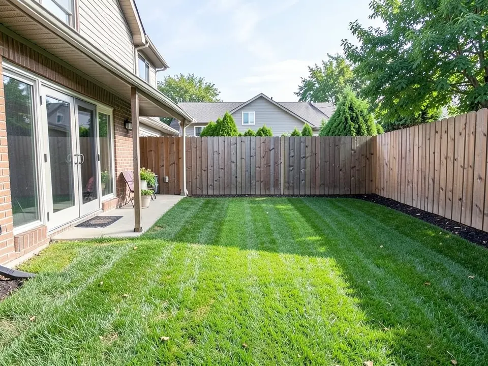 AI-generated example: a mown green striped lawn in a backyard with a brick two-storey house and glass patio doors on the left, a small concrete patio, a tall wooden fence along the back and right with a black mulch strip, and evergreen trees and a neighbor house behind, in daylight