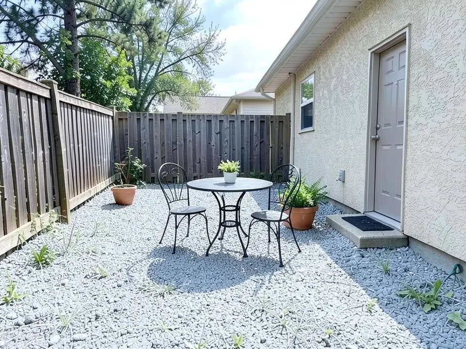 AI-edited version of the same image: the dirt covered with light grey pea gravel, a round black metal bistro table with a plant on it and two chairs in the middle, two terracotta pots with plants near the fence and the wall, and weeds still showing through the gravel, with the house wall, door, step and fence as before