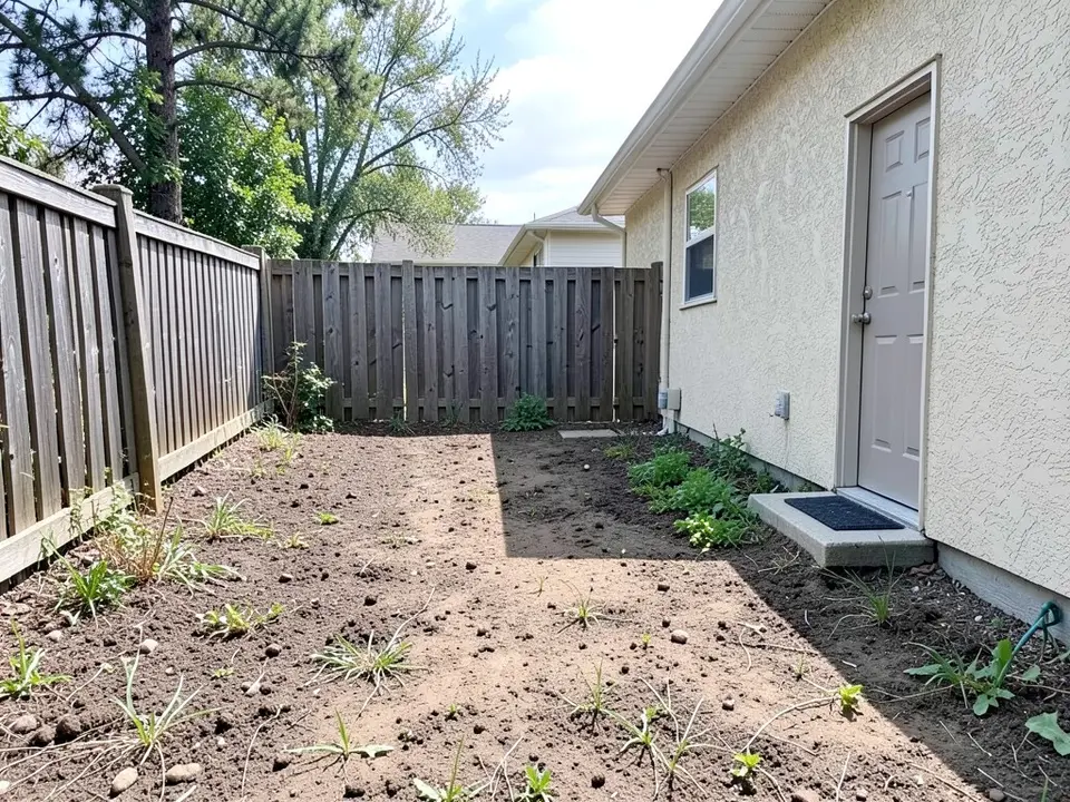 AI-generated example: a small backyard of bare packed dirt with a few weeds, a tall grey wooden fence on the left and back, and a cream stucco house wall with a grey door, a small window and a concrete step with a doormat on the right, with trees behind, in daylight