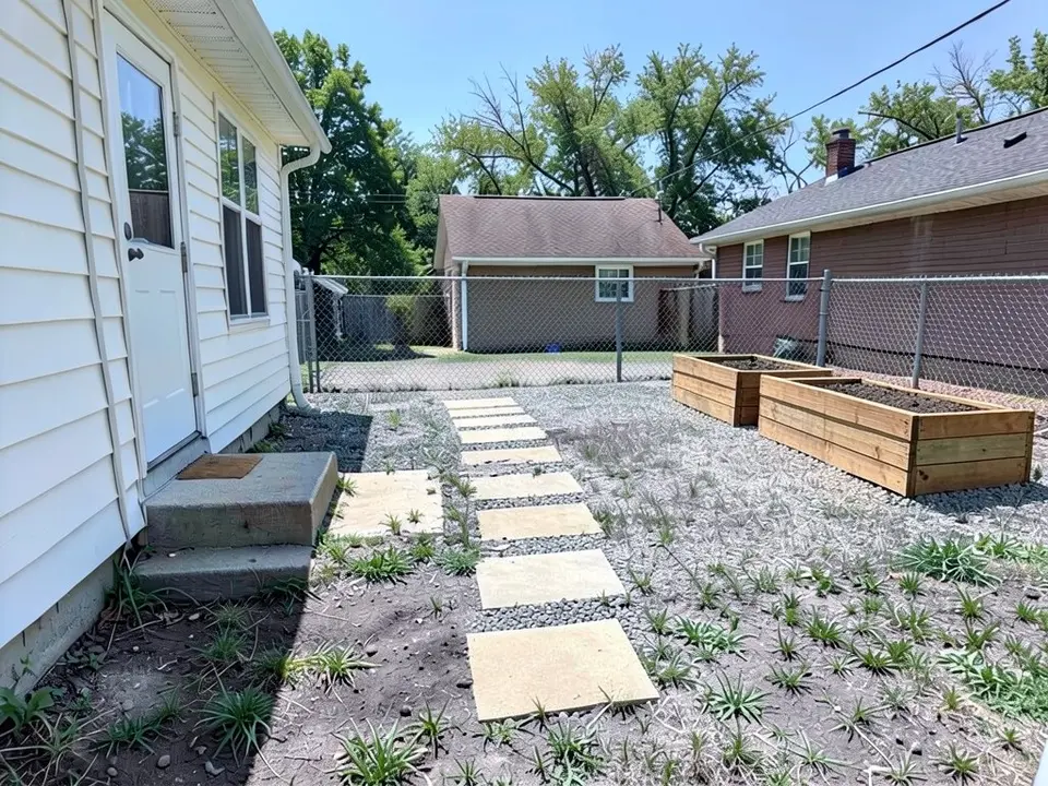 AI-edited version of the same image: much of the yard is now grey gravel with a path of large square concrete stepping stones leading toward the back fence and two wooden timber raised beds at the back right, with weeds still showing through the gravel at the front