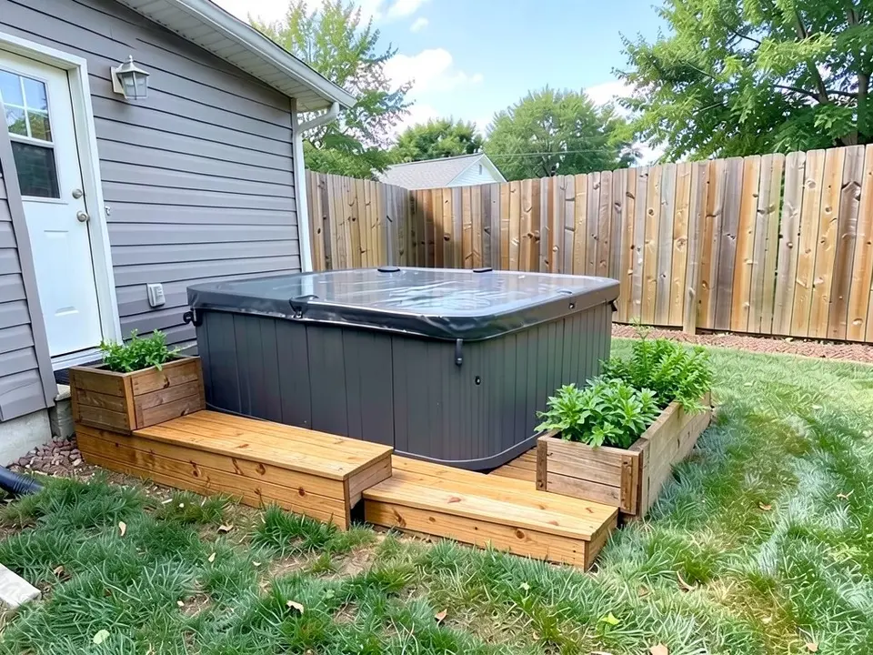 AI-edited version of the same image: two raised wooden platforms with steps in front of the hot tub, one on the left in front of the house wall and one on the right, with a wooden planter box of green plants on each, some gravel still showing on the left, and the tub, the fence, the lawn and the back door as before