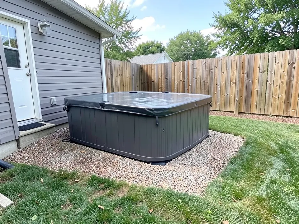 AI-generated example: a square dark grey above-ground hot tub with a black cover on a rectangle of bare pebbly gravel beside a mown lawn, a tall wooden fence along the back, a grey house wall on the left with a white back door, a doormat on a concrete step and a black drain pipe, in daylight