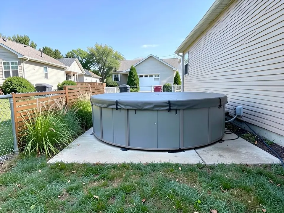 AI-edited version of the same image: a horizontal-slat wooden screen along the left side of the hot tub where the chain-link fence was, with a clump of tall ornamental grasses in front of it beside the tub, and the tub, the slab, the house wall and the lawn as before