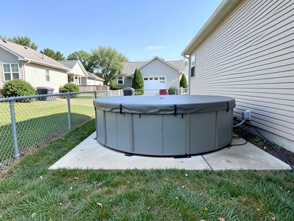 AI-generated example: a round grey above-ground hot tub with a grey cover on a bare concrete slab at the side of a beige house, with a grey box and a black cable on the house wall, a low chain-link fence on the left with a neighbor's house and a bin visible beyond it, and a lawn in front, in daylight