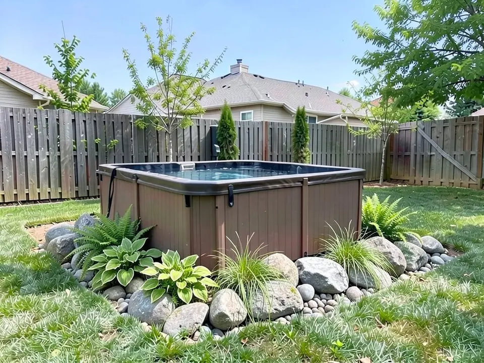 AI-edited version of the same image: large grey boulders and smaller river stones piled around the front-left and right of the hot tub with ferns, hostas and ornamental grasses planted between them, the bare dirt replaced by lawn, and the tub, the fence, the trees and the house as before