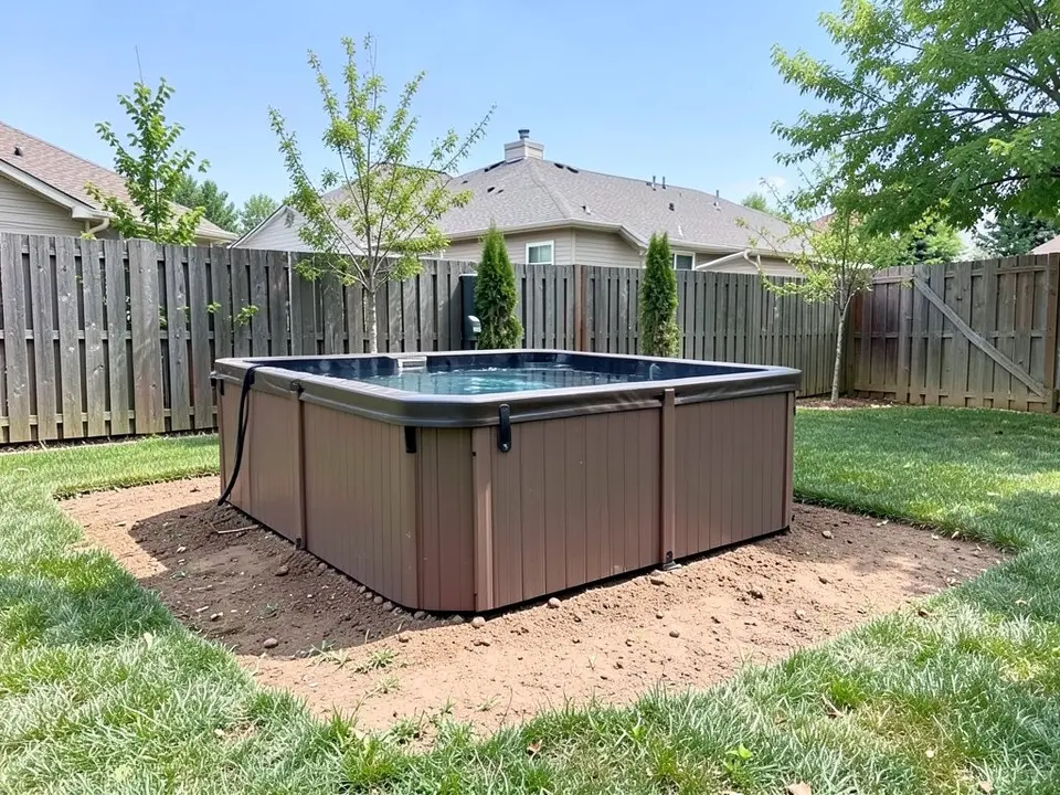 AI-generated example: a rectangular brown above-ground hot tub with an open dark blue water surface sitting on a patch of flat bare dirt at the edge of a mown lawn, a grey wooden fence behind it with two small evergreens and thin trees, and a house roof beyond, in daylight