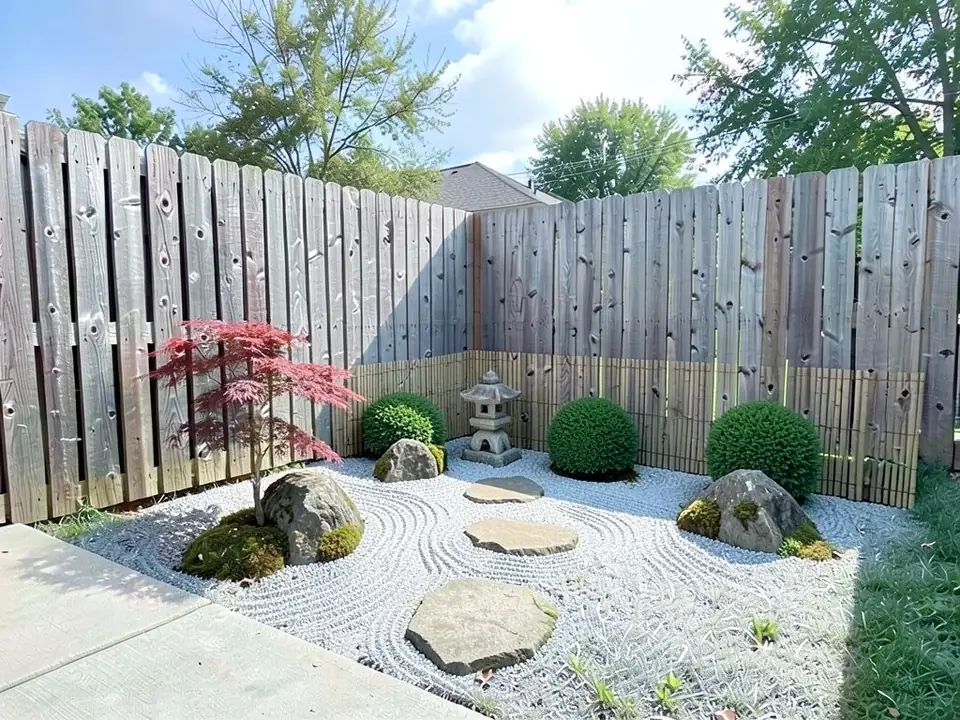 AI-edited version of the same image: the corner turned into a Japanese-style garden with raked pale gray gravel, mossy boulders, flat stepping stones, three clipped round shrubs, a red-leaf Japanese maple, a stone lantern and a bamboo screen along the lower fence
