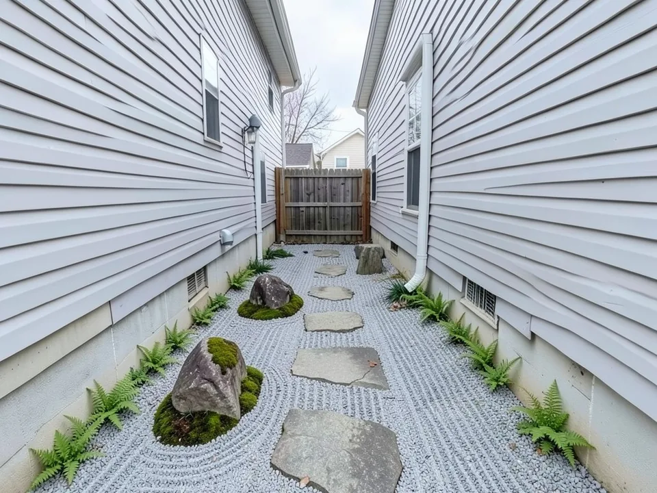 AI-edited version of the same image: the side yard covered with clean pale gray raked gravel, a path of flat stepping stones down the middle, mossy boulders and ferns along both house walls