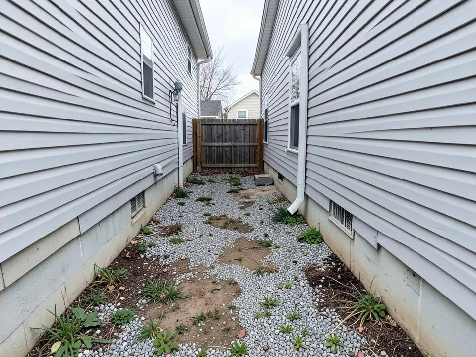 AI-generated example: a narrow side yard between two light gray vinyl-sided houses, with patchy old gravel, weeds and bare dirt, a downspout and a wooden gate at the far end