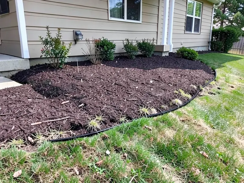 AI-edited version of the same image: a thin black metal edging strip following the front curve of the mulch bed, separating it from the lawn
