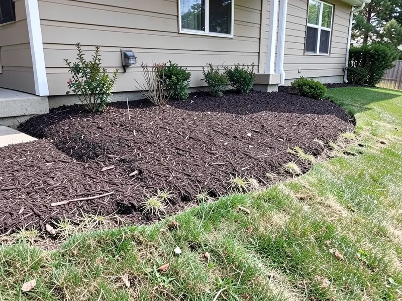 AI-generated example: a curved bed of dark brown mulch with a few small shrubs in front of a beige house, the lawn growing ragged and uneven into the mulch along the curve, with no edging