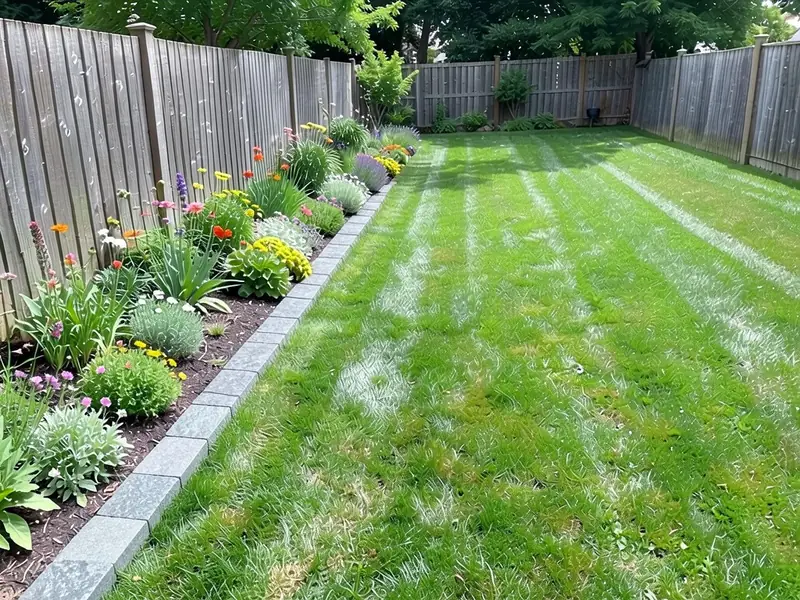 AI-edited version of the same image: a single row of gray stone blocks running the full length of the bed between the lawn and the flowers, from the foreground to the back fence