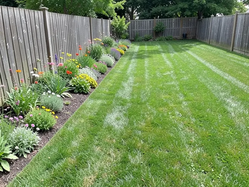 AI-generated example: a long straight garden bed of mixed perennials along a wooden fence in a backyard, the striped lawn running straight into the bed with no border