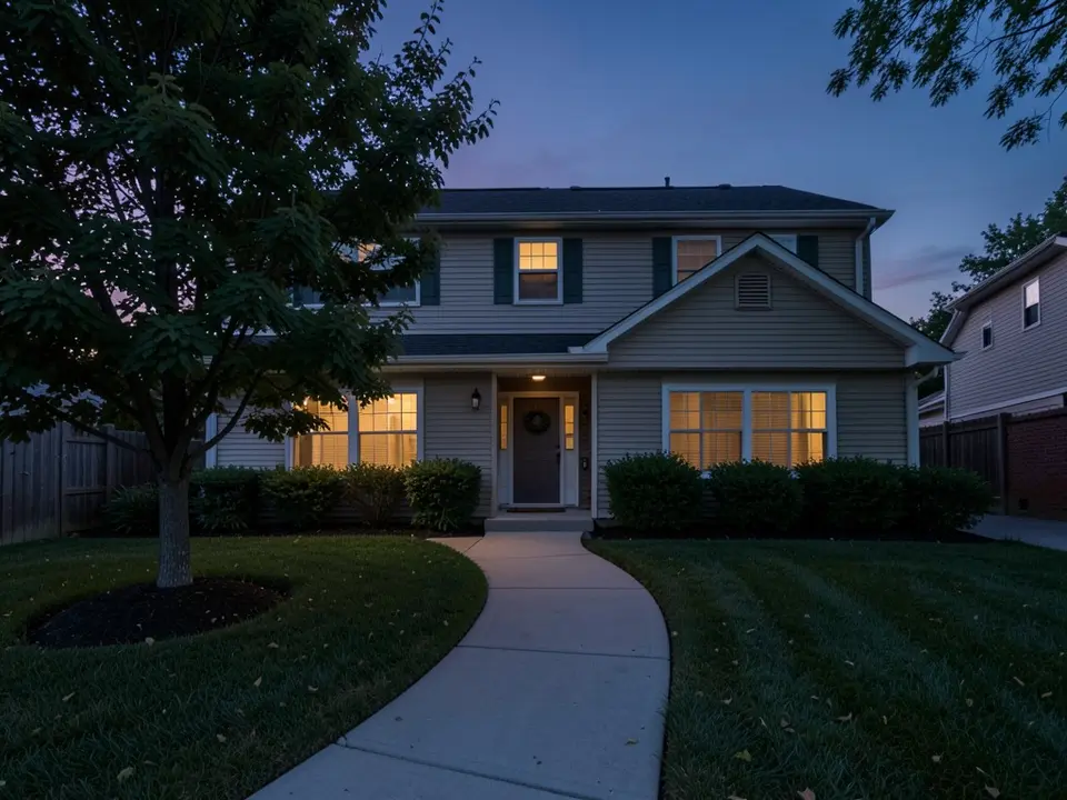 AI-generated example at dusk: a two-storey grey-beige house with green shutters and lit windows, a curved concrete walkway to the front door, a tree with a mulch ring on the left and a striped lawn, with no lights along the walkway