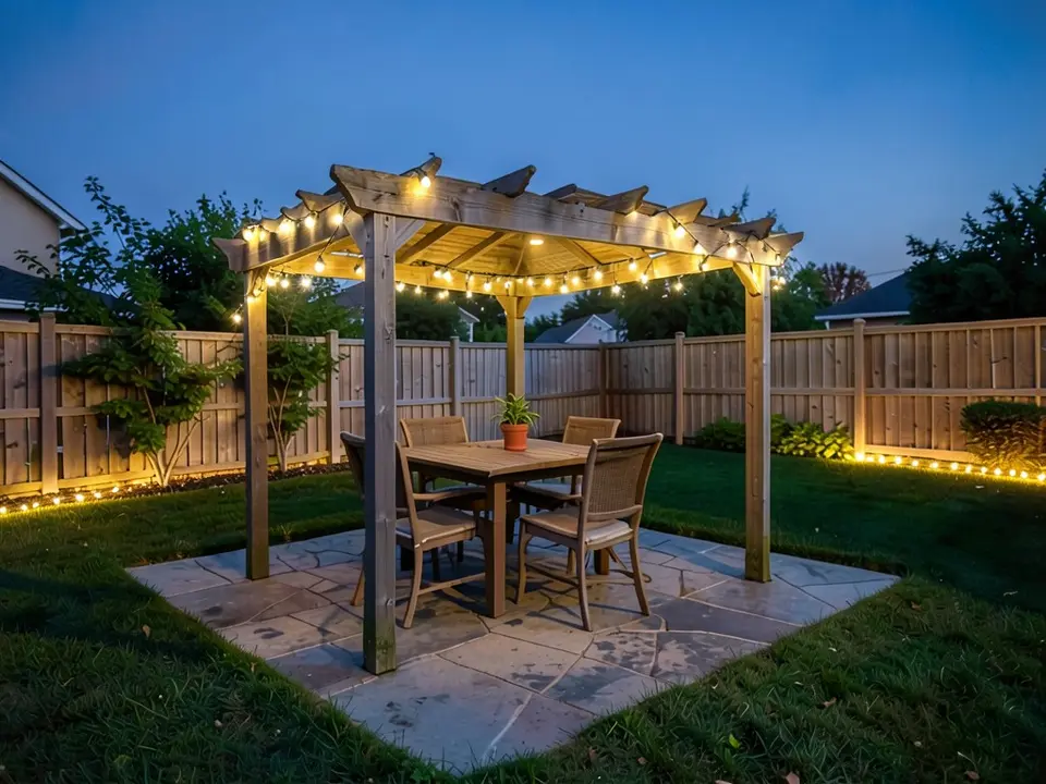 AI-edited version of the same dusk image: warm white string lights along the top beams of the pergola and hanging under its roof, and a row of small warm lights along the base of the fence