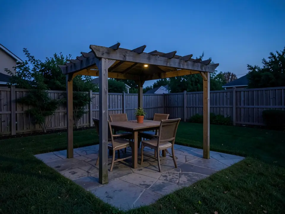AI-generated example at dusk: a wooden pergola over a dining table and chairs on a flagstone patio, with a wooden fence, a lawn and some shrubs, lit only by one downlight under the roof